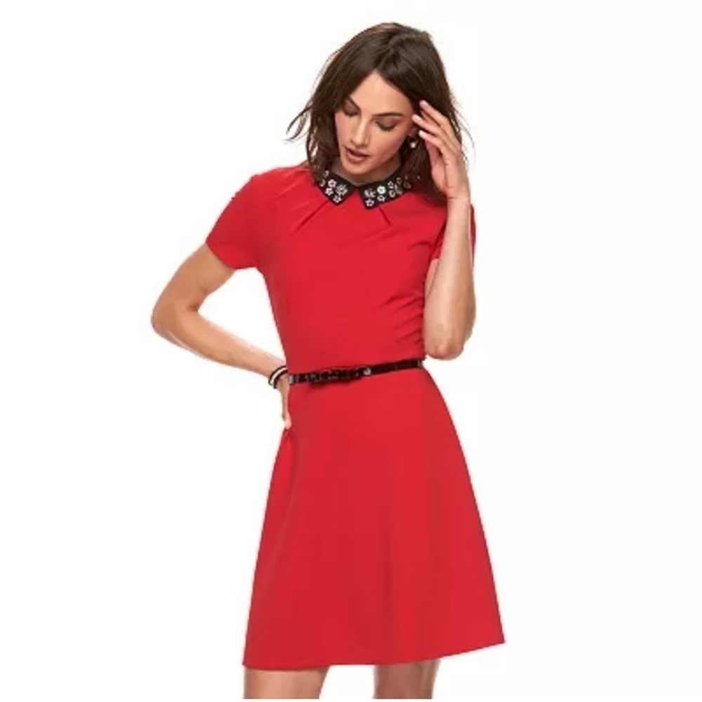 Elle Women’s Size 14 Fit & Flare Knit Dress Belted Floral Collar Knee Length